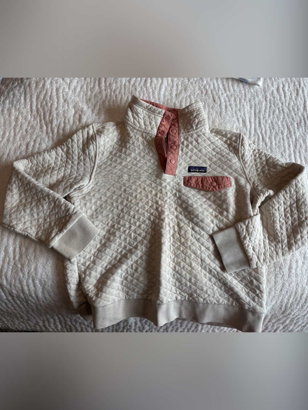 Patagonia Quilted Cream Zip-Up Sweater with Rose Trim